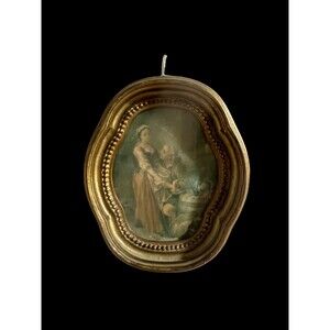 Mini French Vintage ‘Painting’ Print on Silk Antique Old Original Ornate Frame